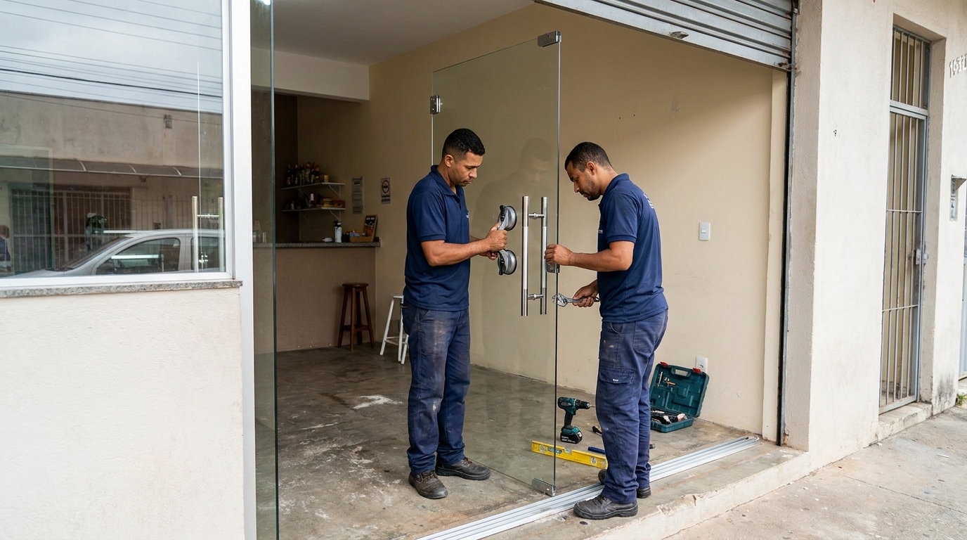 Dupla instalando porta de vidro em loja em Teresina-PI