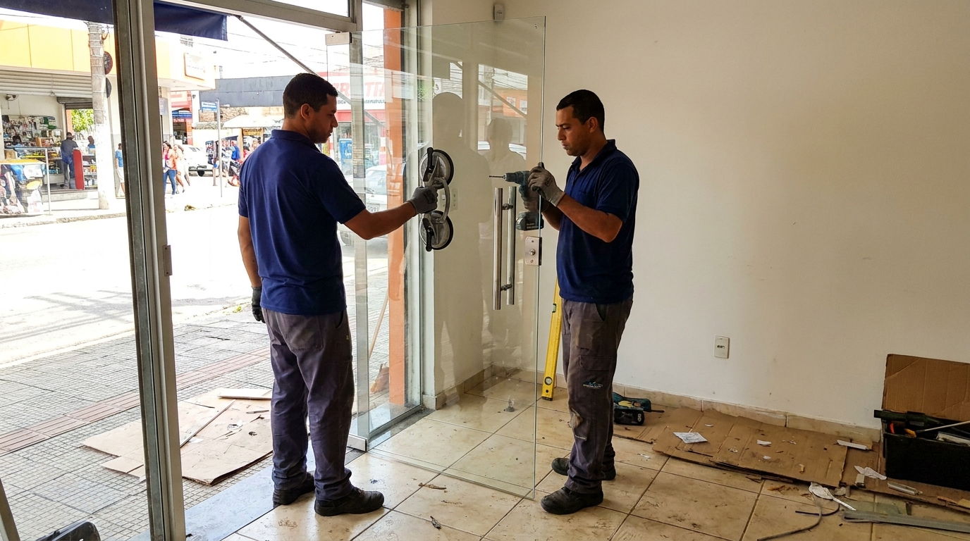 Porta de vidro de loja em rua movimentada em Teresina-PI